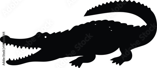 Silhouette of a crocodile crawling with wide open jaws, front-side perspective vector illustration for wildlife, jungle animals, predator symbols, and aggressive reptile-themed visual projects