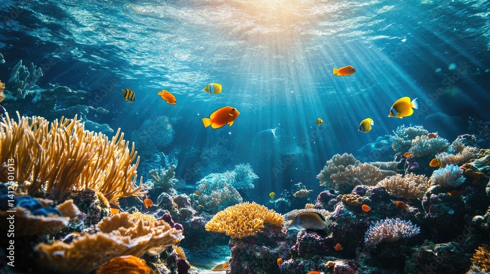 Obraz premium Underwater scene with fish and coral reef creating a vibrant marine environment