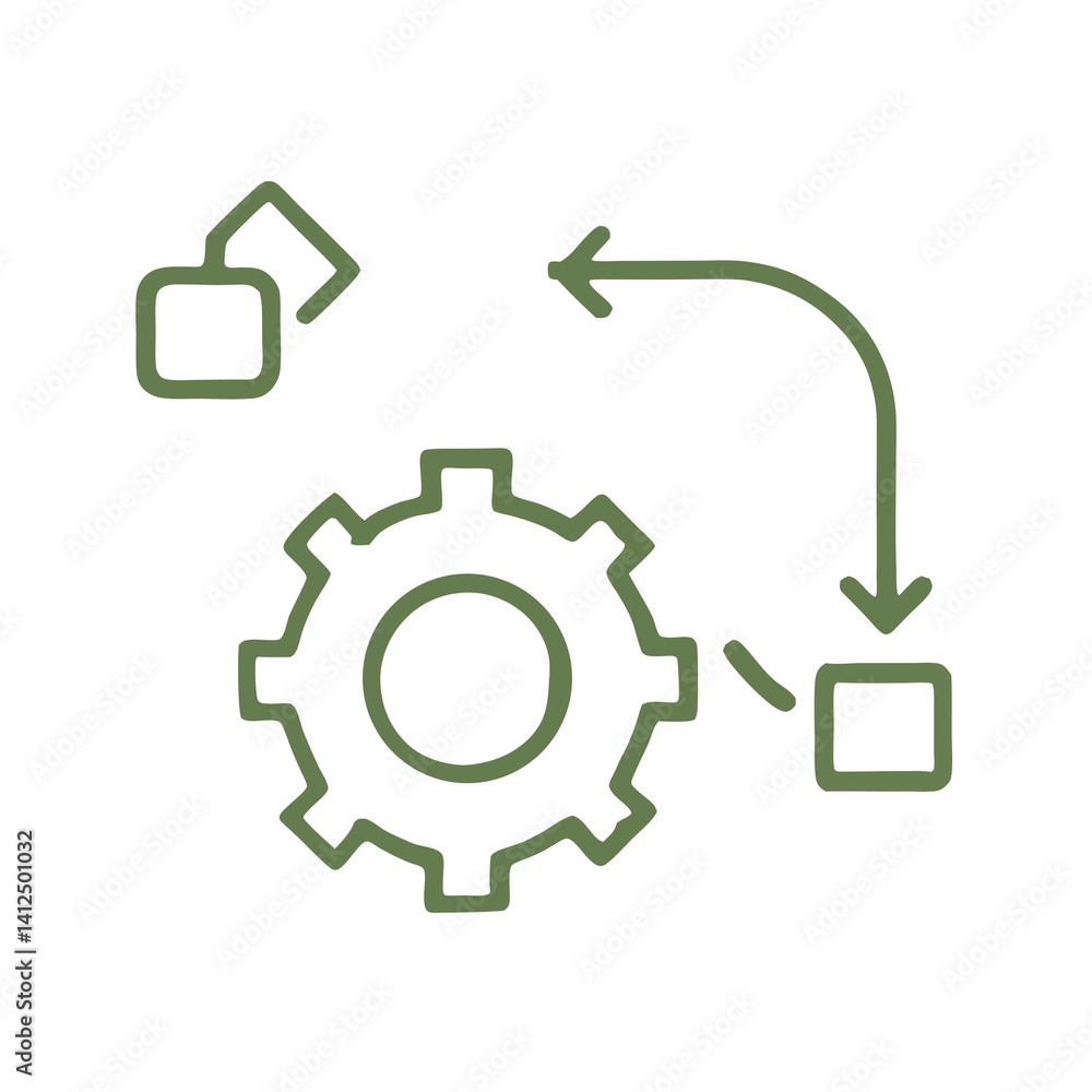 Workflow automation icon — hand-drawn gear with arrows and process steps, minimal outline style on white background Workflow automation icon — hand-drawn gear with arrows and process steps, minimal outline style on white background