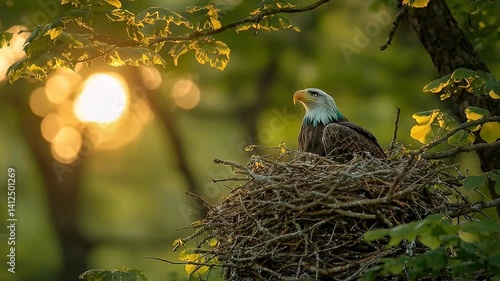 Majestic Bald Eagle Perched in a Large Nest Surrounded by Lush Green Forest at Sunrise with Warm Sunlight Peeking Through the Trees