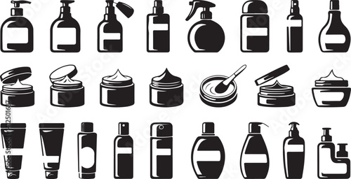 Vector set of cosmetic and toiletry container silhouettes  beauty product icons, skincare bottles, makeup packaging design
