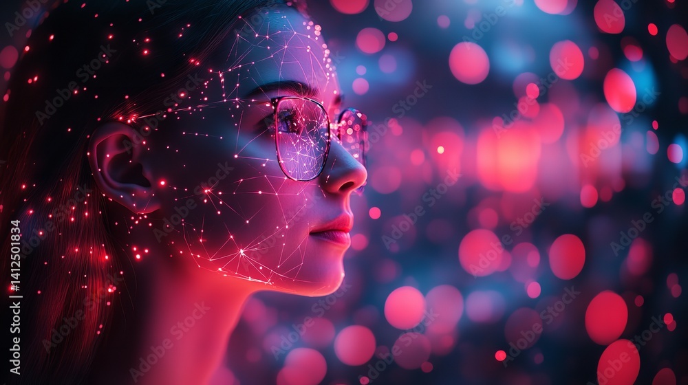 Woman s face glowing with pink light network digital art vibrant bokeh background