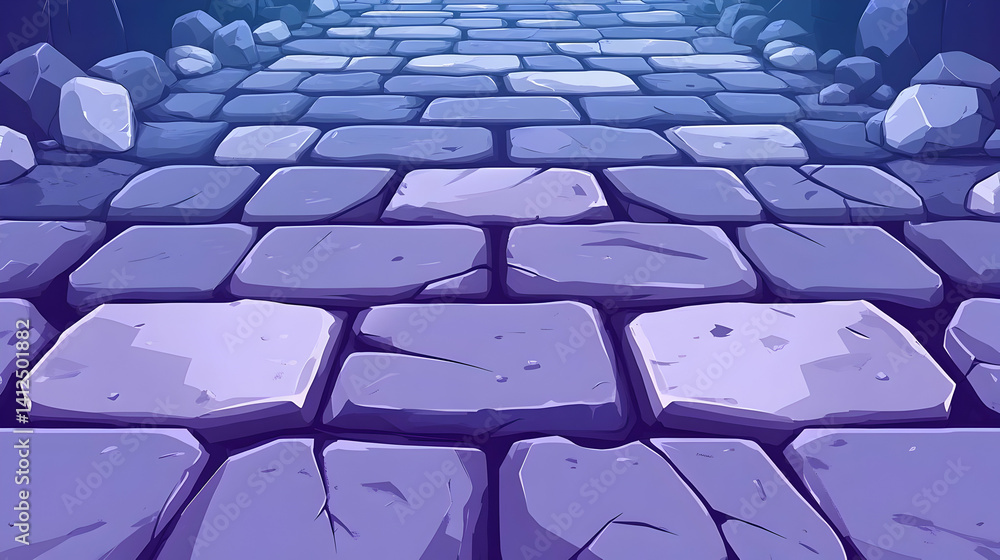 Obraz premium Stone Paved Path Texture in Blue and Gray Cobblestone Road Surface with an Old Fashioned Geometric Pattern