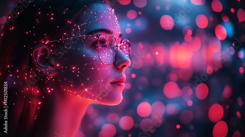 Obraz na płótnie Woman s face glowing with pink light network digital art vibrant bokeh background w salonie
