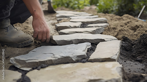Wallpaper Mural Mason building a stone garden path. Featuring masonry and landscaping Torontodigital.ca
