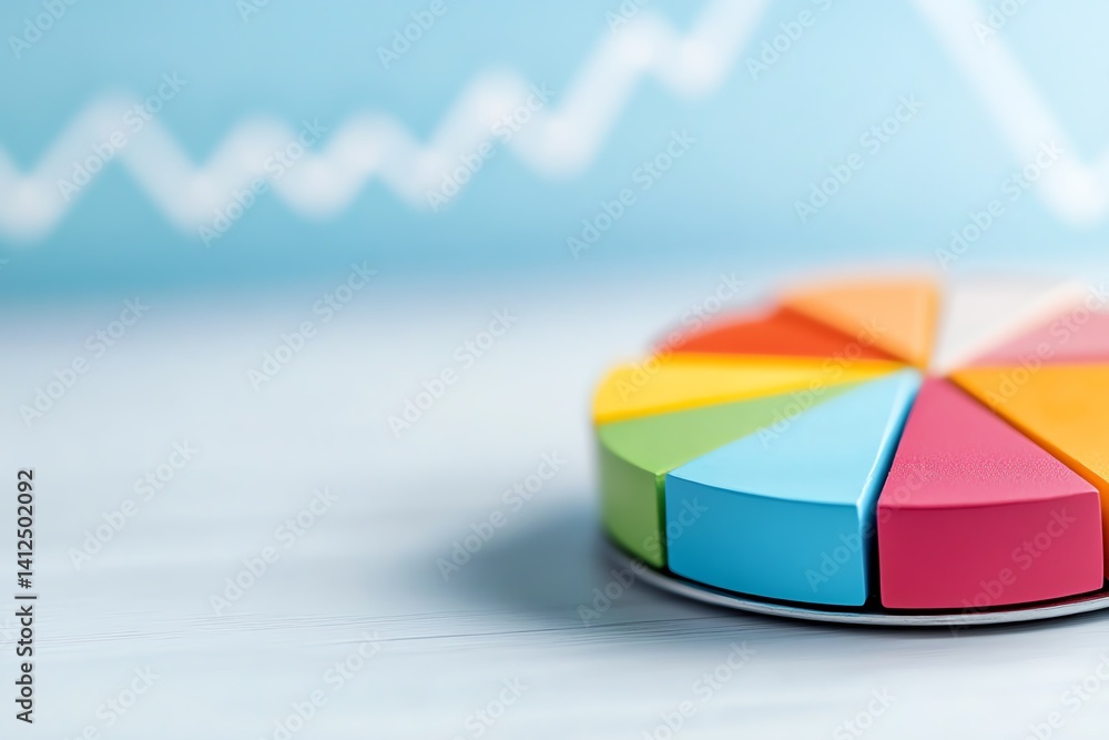 Fototapeta premium Colorful segmented pie chart with expanding growth trend in background