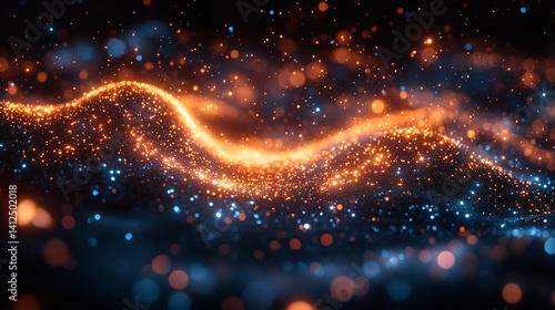 Glowing particle wave vibrant orange and blue hues dynamic abstract background bokeh effect digital