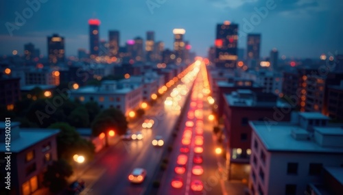 Blurred cityscape view from window, computer screen glows, apartment, monitor