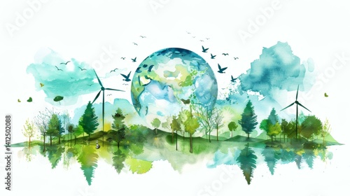 Fototapeta Naklejka Na Ścianę i Meble -  Earth Day watercolor illustration with globe, trees, wind turbines, and birds promoting environmental awareness and sustainability