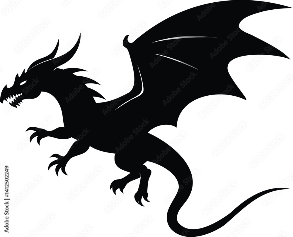 Naklejka premium Aggressive pose silhouette of a flying fantasy dragon with open wings and fierce expression, black vector illustration for RPGs, fantasy stories, legends, and mythical beast-themed artworks