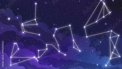 Glowing constellations in the night sky with nebulous clouds and bright twinkling stars, cosmic patterns