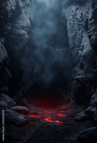 Dark background with rocks on theleft and right, lava flowing down from top to bottom, dark red light in the middle of the frame, empty spacein the center for product display