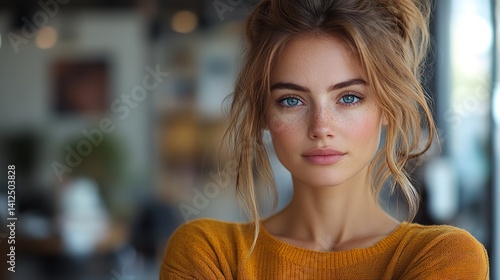 Stunning freckled woman blue eyes mustard sweater soft lighting blurred background warm tones