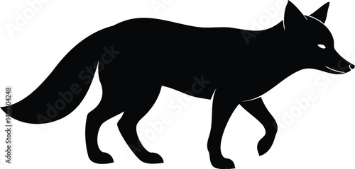Fox silhouette walking with visible eye outline, side view in black vector style, ideal for wildlife, nocturnal animal themes, hunting scenes, forest life, and predator silhouette design projects