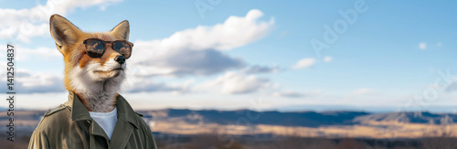 Fox with Sunglasses on Blue Sky with Clouds and Desert Landscape: Anthropomorphic Fox wearing Sunglasses and Green Trench Coat on Panoramic Sky Background – Conceptual Banner with Copy Space