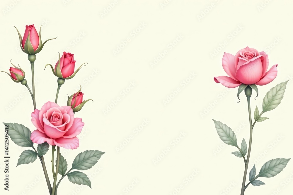 Fototapeta premium Delicate watercolor rosebuds on a cream background, nature, interior design