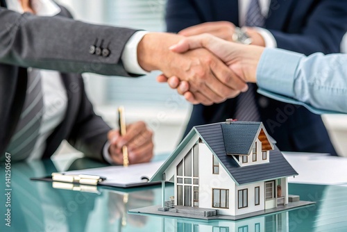 Real Estate Deal Closed Handshake, Contract, House Model