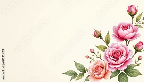 Delicate watercolor roses & peonies on a cream background, print, romantic