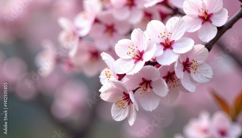 Dense cluster of sakura flowers, full bloom, white and pink hues, delicate, botanical print, japan