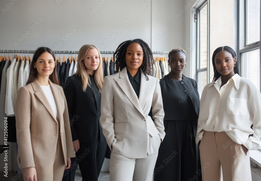Five women stand together indoors near clothing rack wearing business casual attire. Five women stand together indoors near clothing rack wearing business casual attire.