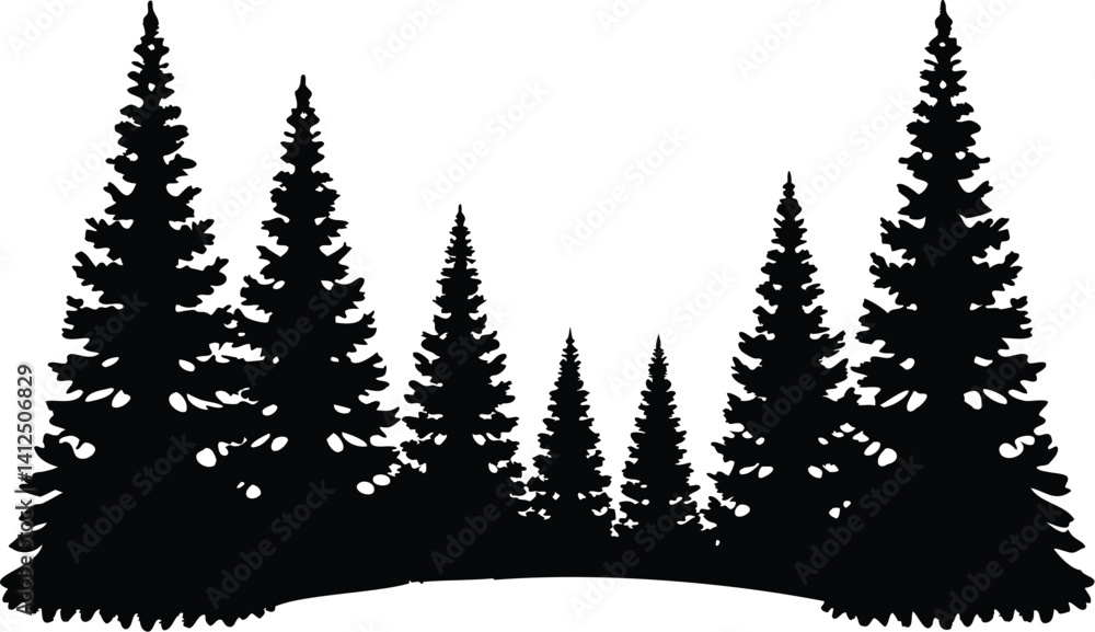 Fototapeta premium Symmetrical forest silhouette of pine trees with curved ground base, black vector artwork on white background, perfect for natural landscape, outdoor design, and rustic woodland graphics
