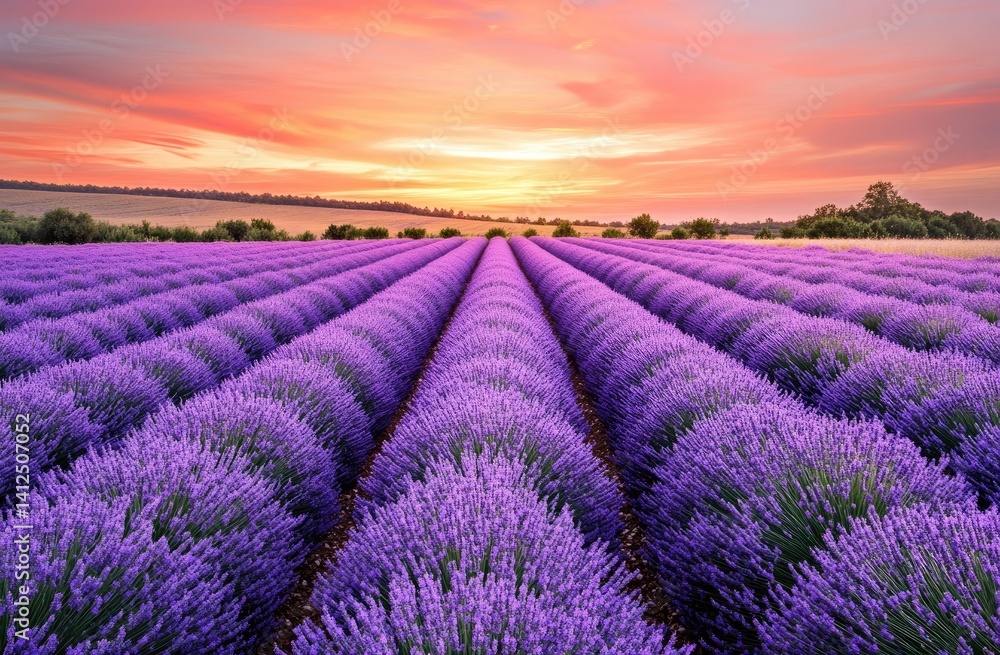 Lavender field at sunrise with rows of purple flowers Lavender field at sunrise with rows of purple flowers