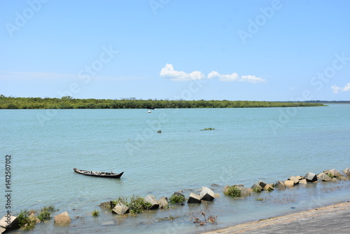 Wallpaper Mural A peaceful view of the Bakkhali River, where a traditional wooden boat glides across calm blue waters. Lush green foliage surrounds the river, creating a serene natural scene.
 Torontodigital.ca
