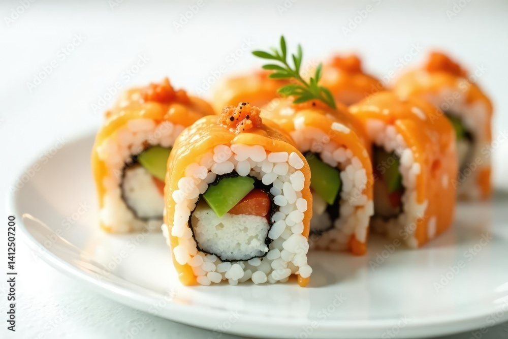 Fresh sushi rolls, vibrant colors on pristine white , raw, chopsticks, minimalist Fresh sushi rolls, vibrant colors on pristine white , raw, chopsticks, minimalist