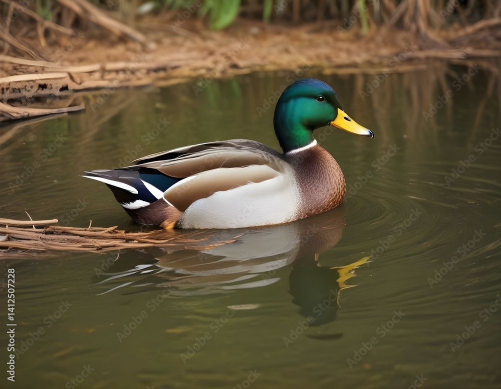 Mallard in the pond, Mallard males have green head and females with brown feathers. beautiful wild duck stands on a wooden surface. Mallard in the pond, Mallard males have green head and females with brown feathers. beautiful wild duck stands on a wooden surface.