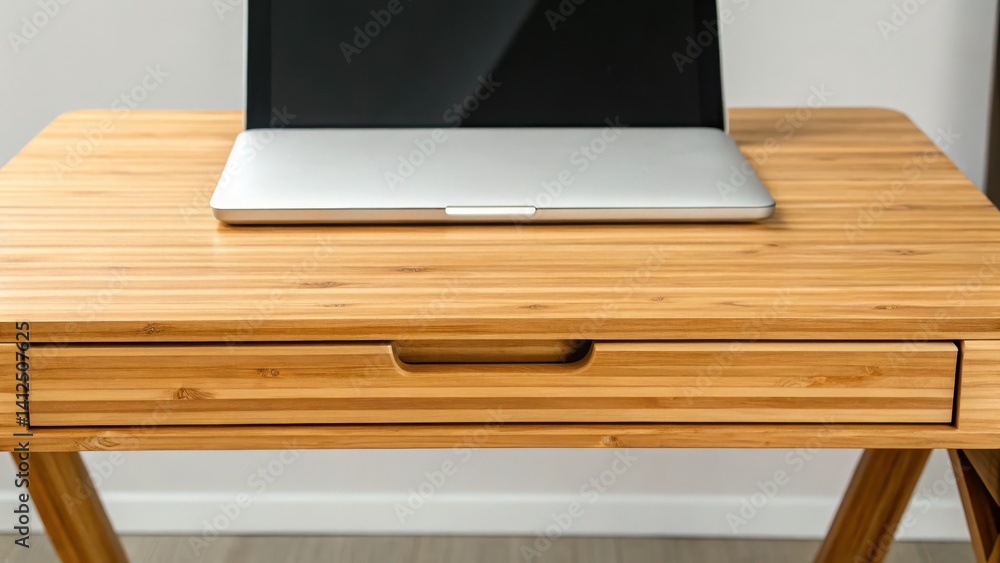 Modern wooden desk with laptop and drawer details., Sustainable Furniture concept Modern wooden desk with laptop and drawer details., Sustainable Furniture concept