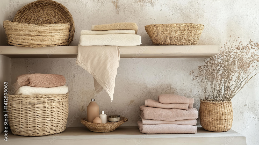 Fototapeta premium Shelves with woven baskets and folded towels in a neutral setting