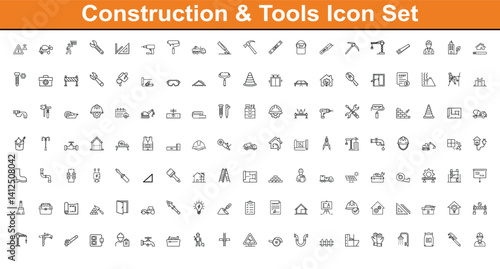 Construction Line Icons Set with Tools, Equipment, and Building Elements Isolated on White