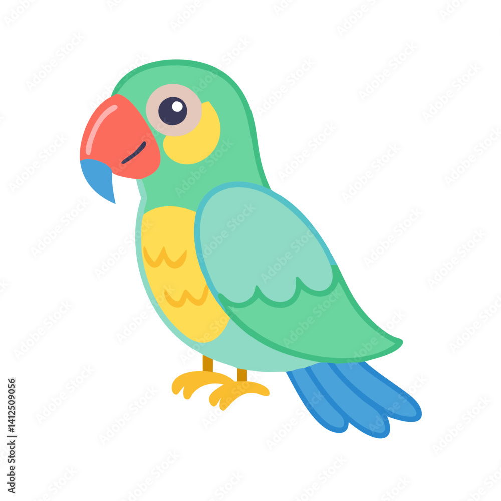 Fototapeta premium Cartoon Parrot Illustration, Green Parrot, Isolated on Black