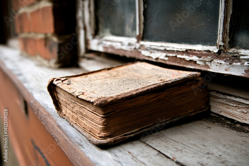 Close-up of an old dusty book resting on a rustic windowsill at a forgotten location