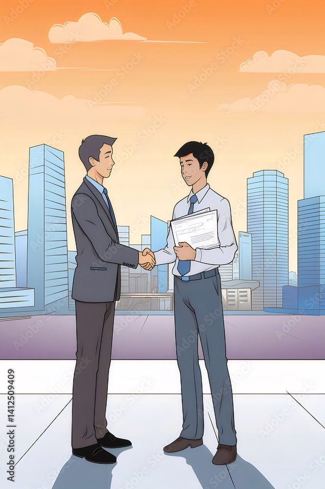 Two Men Shaking Hands in the City with Modern Skyscrapers and Orange Sky Background Two Men Shaking Hands in the City with Modern Skyscrapers and Orange Sky Background