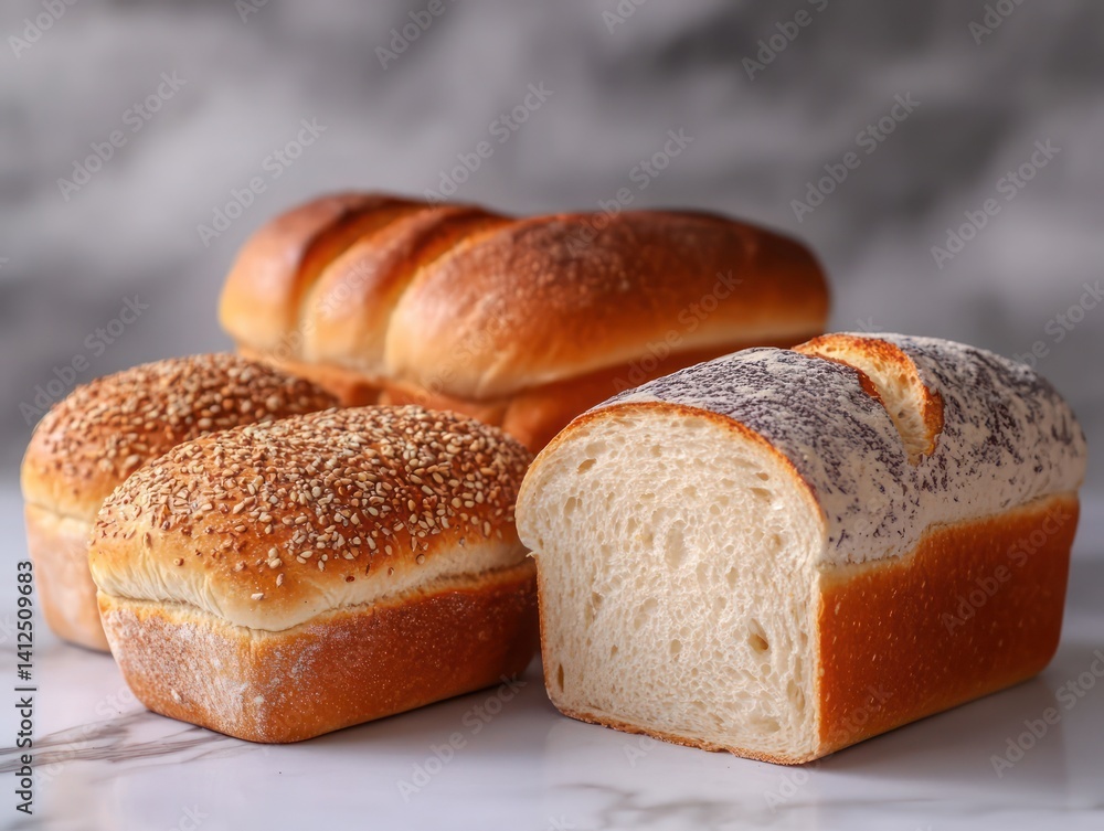 A modern minimalistic bread display clean marble surfaces, highlighting beauty of golden-crusted loaves in contrast sleek, contemporary aestic A modern minimalistic bread display clean marble surfaces, highlighting beauty of golden-crusted loaves in contrast sleek, contemporary aestic