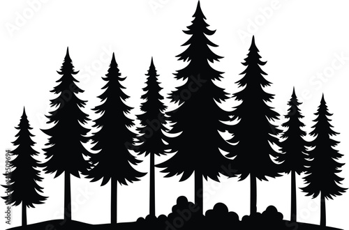 Silhouette of pine forest with scattered rocks on the ground, tall evergreen trees landscape in black on white background, nature vector illustration for outdoor and adventure themes