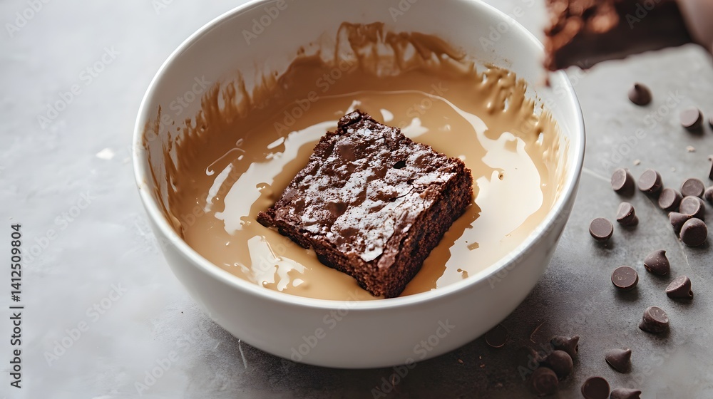 Brownie dipped in caramel, kitchen counter, chocolate chips, baking
