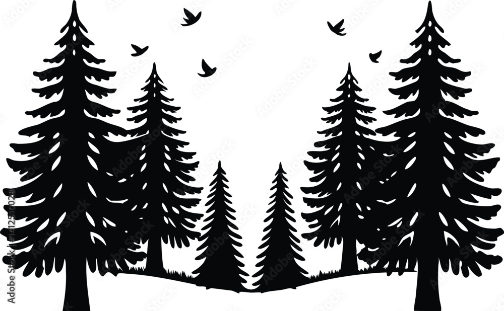 Obraz premium Silhouette of pine trees and flying birds, black forest vector illustration on white background, minimalist nature artwork for outdoor, camping, wilderness, or wildlife-themed design