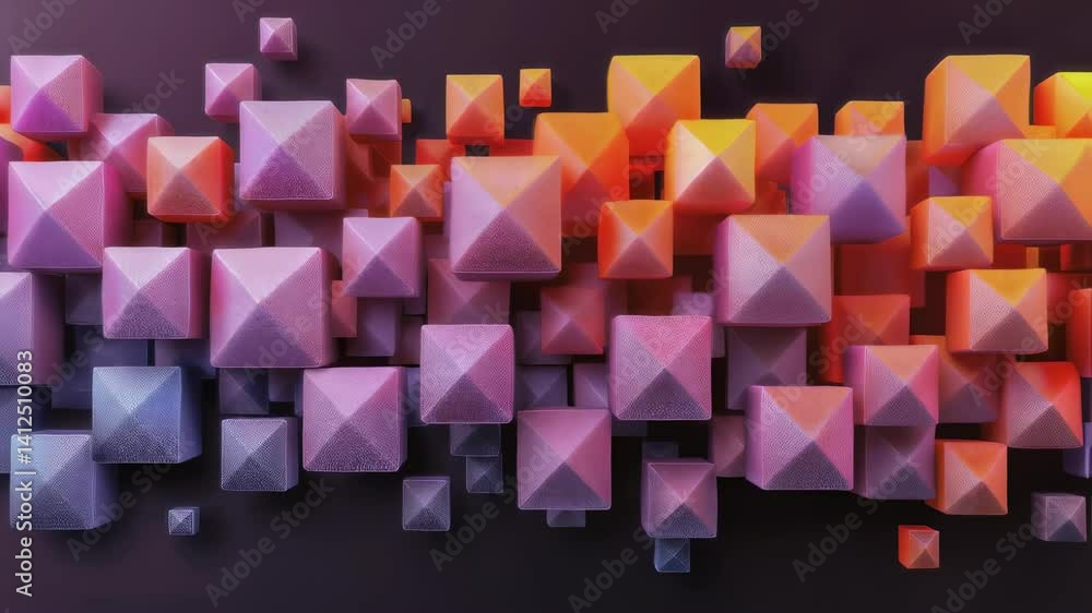 Abstract cubes with pyramid tops. Multicolored geometric shapes and modern concept background footage for presentations, graphic design and visual effects footage.