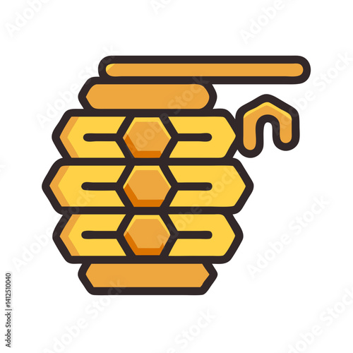 Honeycomb with dripping honey illustration on black background.