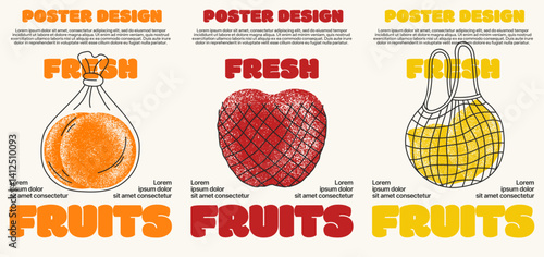 Retro fruit poster set with bold typography, showcasing fresh orange, apple, and lemon in vintage pop art style.