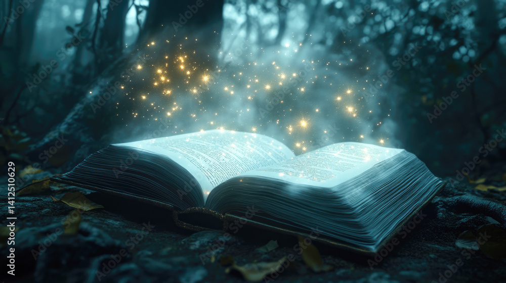 Fototapeta premium Magical book with glowing sparks in enchanted forest at night