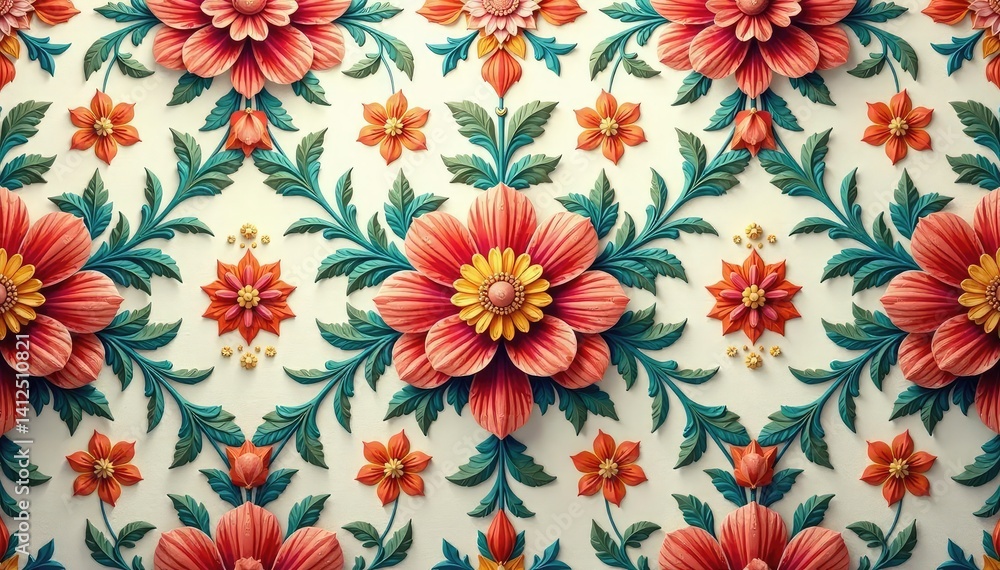 Intricate floral damask pattern in muted tones, surface, vintage Intricate floral damask pattern in muted tones, surface, vintage
