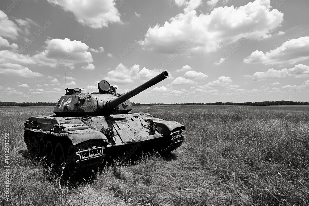 Fototapeta premium Broken tanks from World War II abandoned in a field under dramatic skies