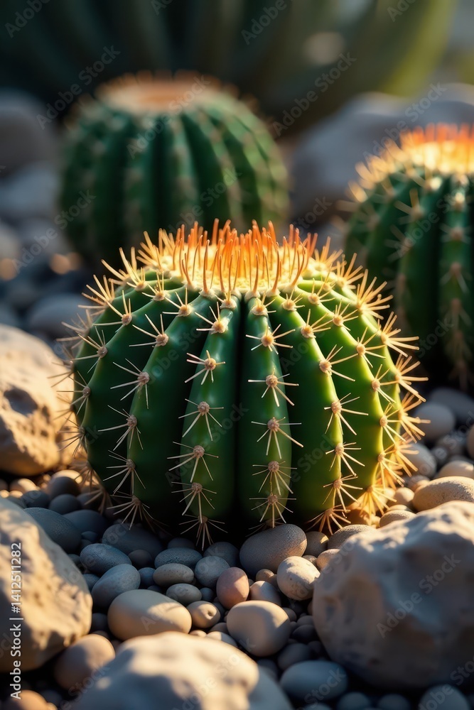 Barrel cactus nestled amongst rocks, vibrant green hues, sunlight, dry, gardening Barrel cactus nestled amongst rocks, vibrant green hues, sunlight, dry, gardening