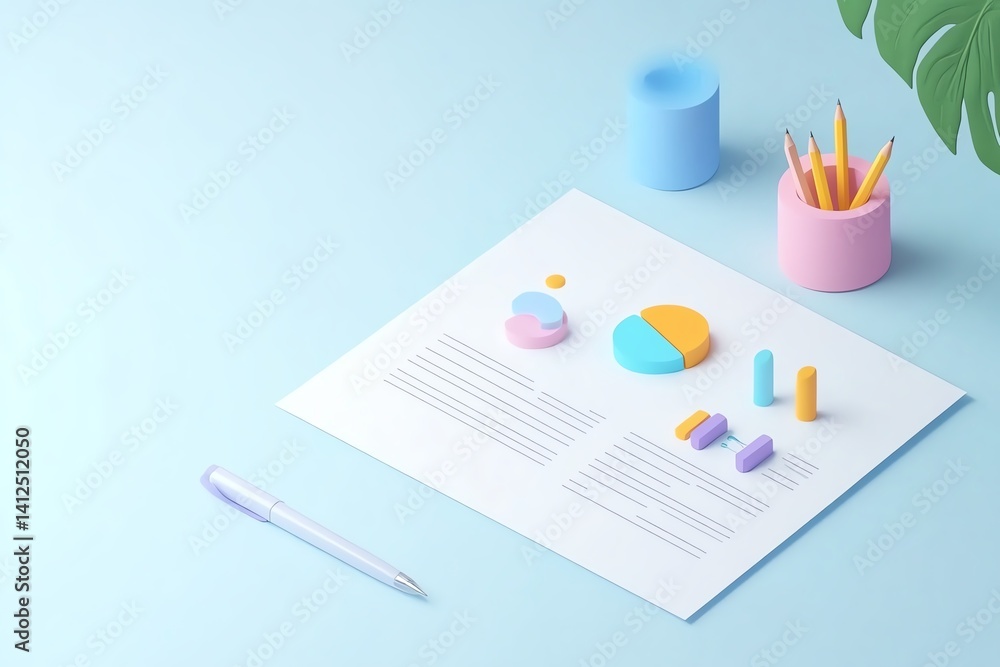 3D isometric report paper with mini bar and pie charts popping out 3D isometric report paper with mini bar and pie charts popping out