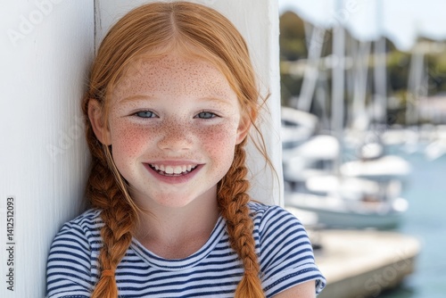 School-aged girl with a serious demeanor and hair styled in a braid