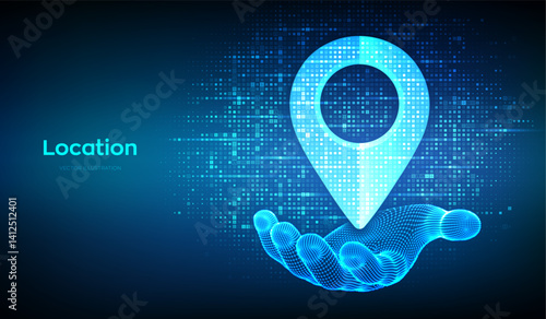 Point of location icon made with binary code in wireframe hand. Pointer of map. Gps pointer. Navigation pin point global position system symbol. Digital background with digits 1.0. Vector Illustration