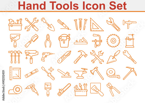 Handyman Repair Tooling Set with Orange Line Icons on Transparent Background